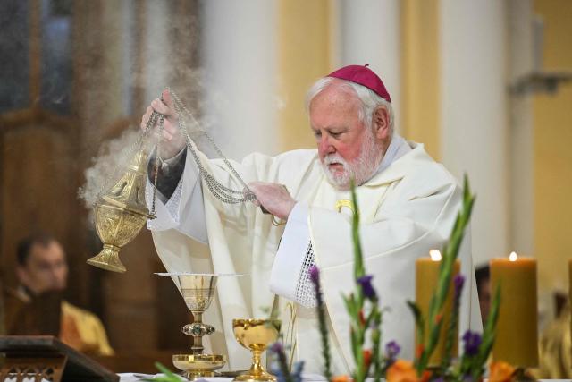 Archbishop Paul Richard Gallagher, Vatican envoy and Secretary for Relations with States and International Organisations of the Holy See, leads a mass at the Cathedral of the Immaculate Conception of the Holy Virgin Mary in Moscow on August 27, 2026. (Photo by Igor IVANKO / AFP)