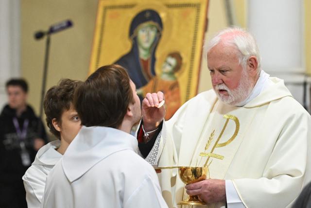 Archbishop Paul Richard Gallagher, Vatican envoy and Secretary for Relations with States and International Organisations of the Holy See, leads a mass at the Cathedral of the Immaculate Conception of the Holy Virgin Mary in Moscow on August 27, 2026. (Photo by Igor IVANKO / AFP)