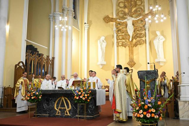 Archbishop Paul Richard Gallagher, Vatican envoy and Secretary for Relations with States and International Organisations of the Holy See, leads a mass at the Cathedral of the Immaculate Conception of the Holy Virgin Mary in Moscow on August 27, 2026. (Photo by Igor IVANKO / AFP)