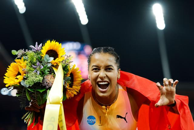 Switzerland's Audrey Werro celebrates after winning the women's 800m during the IAAF Diamond League athletics meeting, at the Letzigrund Stadium, in Zurich on August 27, 2026. (Photo by Stefan Wermuth / AFP)