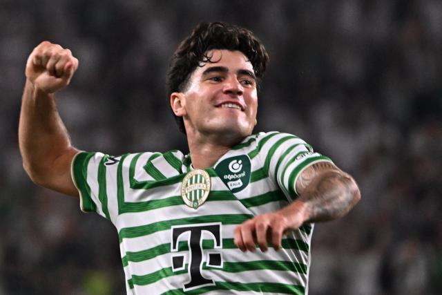 Ferencvaros' Hungarian forward #76 Krisztian Lisztes celebrates scoring his team's fourth goal during the UEFA Europa League second leg playoff football match between Ferencvaros and Trabzonspor in Budapest on August 27, 2026. (Photo by Attila KISBENEDEK / AFP)