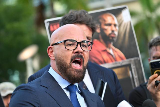 Joseph D. McBride, attorney for Andrew Tate and Tristan Tate, speaks to the press after a court hearing for the brothers' extradition at the Wilkie D. Ferguson Jr. Federal Courthouse in Miami on August 27, 2026. US authorities detained the self-professed misogynist and his younger sibling on July 18, 2026 after British prosecutors announced new charges of rape, sex trafficking and assault. (Photo by GIORGIO VIERA / AFP)