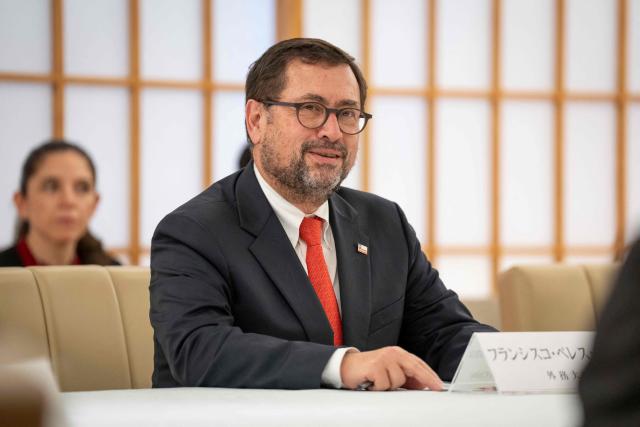 Chile's Foreign Minister Francisco Perez Mackenna speaks during a meeting with Japan's Foreign Minister Toshimitsu Motegi (not pictured) at the Ministry of Foreign Affairs in Tokyo on August 28, 2026. (Photo by Yuichi YAMAZAKI / AFP)