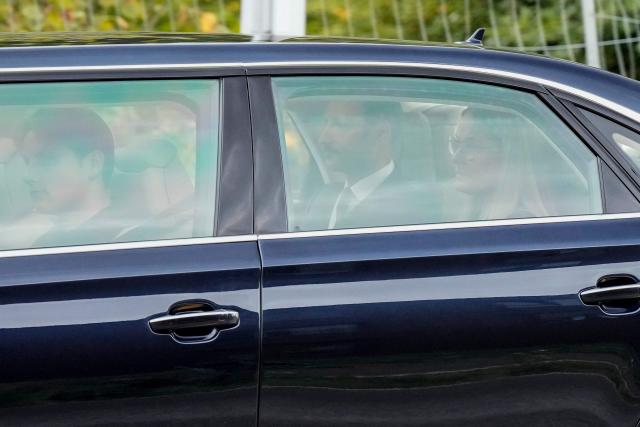 Crown Prince Haakon of Norway and Crown Princess Mette-Marit of Norway sit in a car as they leave the National Hospital, after King Harald V of Norway passed away, in Oslo on August 28, 2026. King Harald V of Norway, who died on August 28, 2026 aged 89, remained a unifying figure in his country until the very end, a pillar of stability amid a string of family scandals that tarnished the final years of his reign. (Photo by Cornelius Poppe / NTB / AFP) / Norway OUT