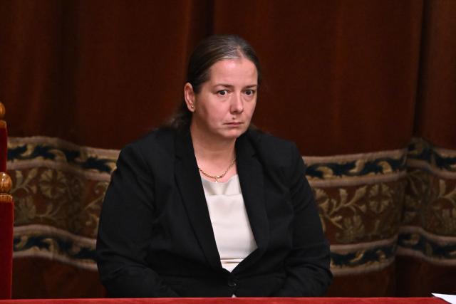 Hungarian political scientist Anna Unger, candidate as the head of the National Asset Recovery and Asset Protection Office (NVVH) attends the vote at the Parliament in Budapest on August 28, 2026. (Photo by Attila KISBENEDEK / AFP)