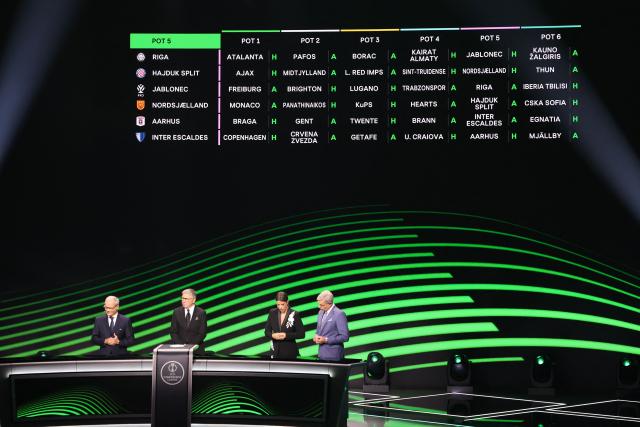 This photograph shows a screen displaying pot 5 fixtures for the league phase of the 2026-2027 UEFA Conference League football tournament as UEFA Deputy General Secretary Giorgio Marchetti (L), Turkish former footballer Metin Tekin (2nd L) and hosts Becky Ives (2nd R) and Matt Smith (R) attend the draw ceremony at the Grimaldi Forum in the Principality of Monaco on August 28, 2026. (Photo by Valery HACHE / AFP)