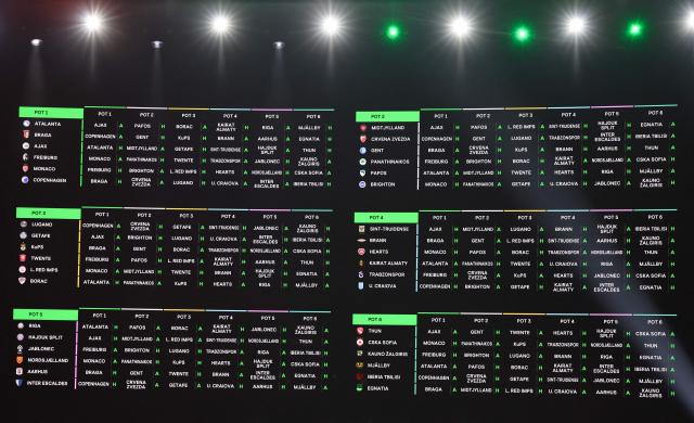 This photograph shows a screen displaying fixtures for the league phase of the 2026-2027 UEFA Conference League football tournament during the draw ceremony at the Grimaldi Forum in the Principality of Monaco on August 28, 2026. (Photo by Valery HACHE / AFP)