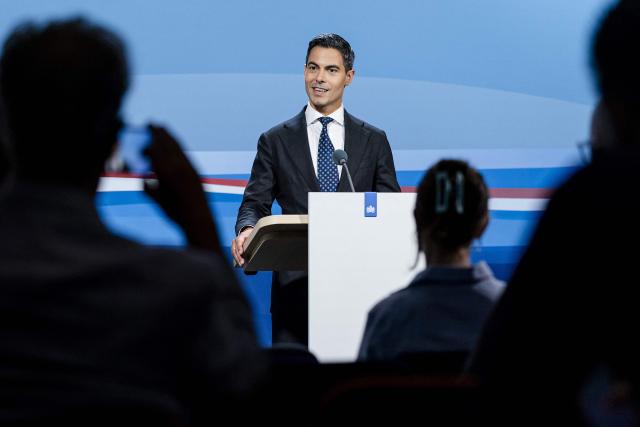 Dutch Prime minister Rob Jetten addresses media during the weekly press conference following the Council of Ministers in The Hague on August 28, 2026. (Photo by Remko de Waal / ANP / AFP) / Netherlands OUT