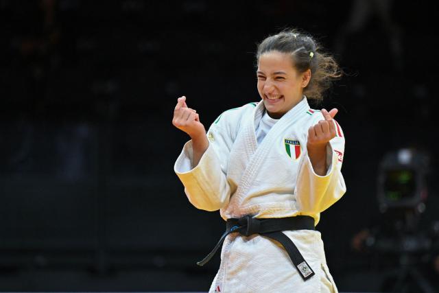 Italy's Giulia Carna reacts after winning her women's under 57kg bronze medal bout at the Lausanne Grand Slam judo tournament, part of the IJF World Judo Tour, in Prilly on August 28, 2026. (Photo by Fabrice COFFRINI / AFP)