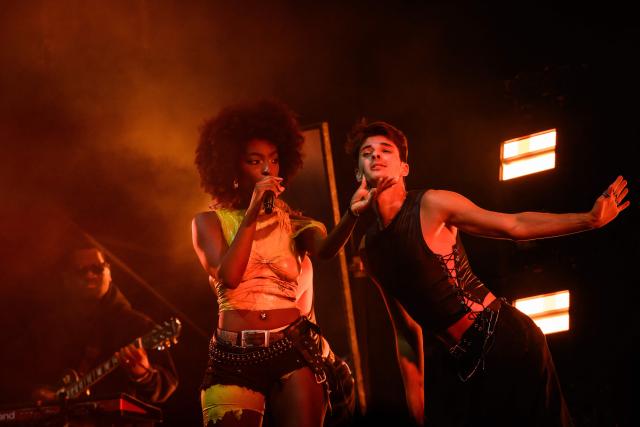 French singer Ebony Cham (C) performs at the Golden Coast rap festival in Corcelles-les-Monts, near Dijon in central-eastern France, on August 28, 2026. (Photo by ARNAUD FINISTRE / AFP)