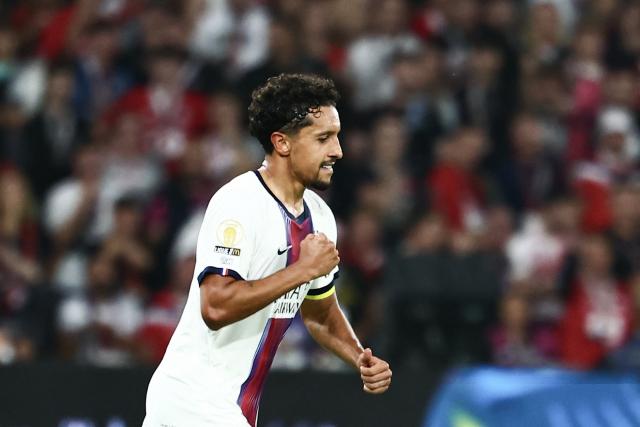 Paris Saint-Germain's Brazilian defender #05 Marquinhos celebrates scoring his team's second goal during the French L1 football match between Lille LOSC and Paris Saint-Germain (PSG) at the Stade Pierre-Mauroy in Villeneuve-d'Ascq, northern France, on August 28, 2026. (Photo by Sameer AL-DOUMY / AFP)