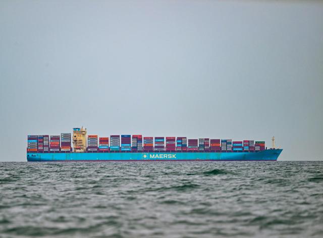 A Maersk container ship waits to get through the Panama Canal, in Panama City on August 28, 2026. Earlier this week, Panama declared a state of emergency over the El Nino climate phenomenon which has caused dwindling water levels in the canal due to a severe drought across the region. The shipping route, which handles five percent of global maritime trade, will cut the number of daily transmits from 36 to 34 from September 3, and to 32 later in the month. (Photo by MARTIN BERNETTI / AFP)