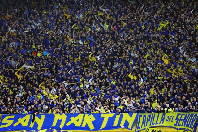 Boca Juniors fans cheer for their team during the Argentine Professional League 2026 Clausura tournament football match between Boca Juniors and Lanus, at La Bombonera stadium in Buenos Aires on August 28, 2026. (Photo by Alejandro PAGNI / AFP)
