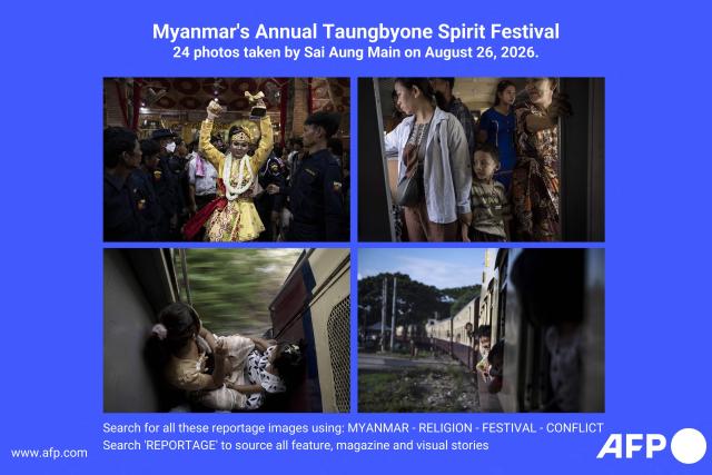 AFP presents a reportage of 24 photos taken by Sai Aung Main of devotees travelling to attend the annual Taungbyone Spirit Festival in Madaya township, Mandalay region on August 26, 2026. Search for all these reportage images using: Myanmar-Religion-Festival-Conflict

Search "REPORTAGE" to source all feature, magazine and visual stories. (Photo by SAI AUNG MAIN / AFP) / TO GO WITH AFP STORY: Myanmar-religion-festival-conflict, FOCUS