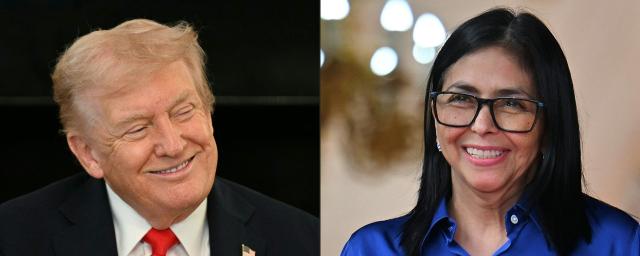 (FILES) (COMBO) This combination of pictures created on January 21, 2026 shows US President Donald Trump smiles as he listens to a speaker during a roundtable about Antifa in the State Dining Room of the White House in Washington, DC, on October 8, 2025, and Venezuela's interim President Delcy Rodriguez smiles during  a press conference at the Miraflores Presidential Palace in Caracas on January 14, 2026. Caracas on August 28, 2026 confirmed that Venezuela had signed a major oil deal with the United States, giving Washington majority control of 65 billion barrels of proven petroleum reserves. (Photo by Jim WATSON and Juan BARRETO / AFP)