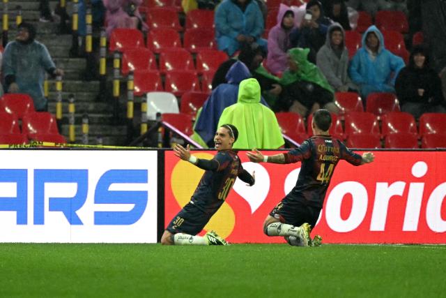 Atlante's Argentine midfielder #30 Martin Sarrafiore (L) celebrates scoring his team's first goal during the Liga MX Apertura tournament football match between Atlante and Leon at the Ciudad de los Deportes stadium in Mexico City, on August 28, 2026. (Photo by YURI CORTEZ / AFP)
