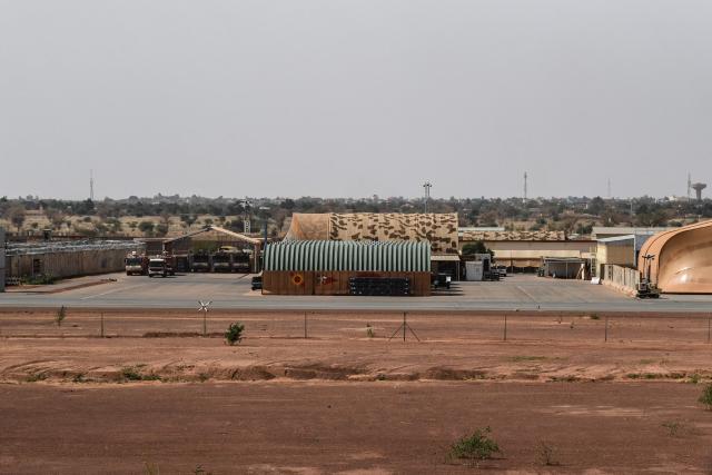(FILES) A general view of the Niamey 101 military base in Niamey on July 15, 2022, during an official visit of French Ministers of Foreign Affairs and Armed Forces to Niger. Gunfire and explosions were heard on August 29 morning in Niger's capital, Niamey, including around a military base near the city's airport, which has been attacked twice this year by jihadists. Niger has been ruled for three years by a military junta that has struggled to contain jihadist violence, which has blighted the west African country for around a decade. (Photo by Bertrand GUAY / AFP)