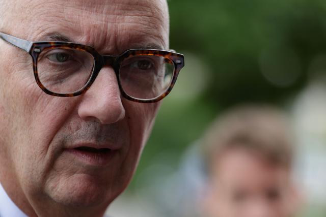 France's Economy, Finances and Industry Minister Roland Lescure delivers remarks to journalists upon arrival to attend a debate at the "Laboratoire de la Republique" (Republic's Laboratory) summer camp, in Sens, southeast of Paris, on August 29, 2026. (Photo by ROMEO BOETZLE / AFP)