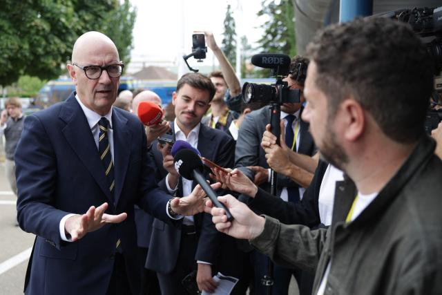 France's Economy, Finances and Industry Minister Roland Lescure delivers remarks to journalists upon arrival to attend a debate at the "Laboratoire de la Republique" (Republic's Laboratory) summer camp, in Sens, southeast of Paris, on August 29, 2026. (Photo by ROMEO BOETZLE / AFP)