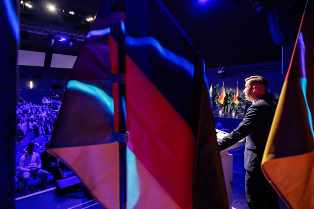 Jean-Pascal Hohm, an AfD lawmaker in the Brandenburg state parliament and chairman of Generation Germany, speaks to delegates during the federal congress of Generation Germany, the youth organization of the far-right Alternative for Germany (AfD) party, in Magdeburg, eastern Germany, on August 29, 2026. (Photo by Jens SCHLÜTER / AFP)