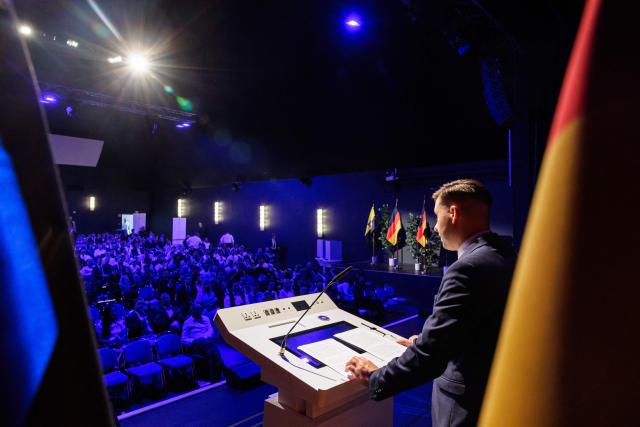 Jean-Pascal Hohm, an AfD lawmaker in the Brandenburg state parliament and chairman of Generation Germany, speaks to delegates during the federal congress of Generation Germany, the youth organization of the far-right Alternative for Germany (AfD) party, in Magdeburg, eastern Germany, on August 29, 2026. (Photo by Jens SCHLÜTER / AFP)