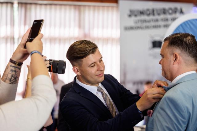 Jean-Pascal Hohm, an AfD lawmaker in the Brandenburg state parliament and chairman of Generation Germany, is seen during the federal congress of Generation Germany, the youth organization of the far-right Alternative for Germany (AfD) party, in Magdeburg, eastern Germany, on August 29, 2026. (Photo by Jens SCHLÜTER / AFP)