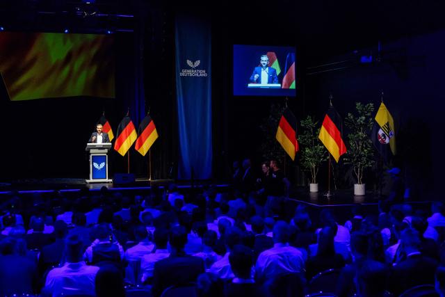 Ulrich Siegmund, far-right Alternative for Germany (AfD)'s main candidate in the Saxony-Anhalt state election,  speaks to delegates during the federal congress of Generation Germany, the youth organization of the far-right Alternative for Germany (AfD) party, in Magdeburg, eastern Germany, on August 29, 2026. (Photo by Jens SCHLÜTER / AFP)