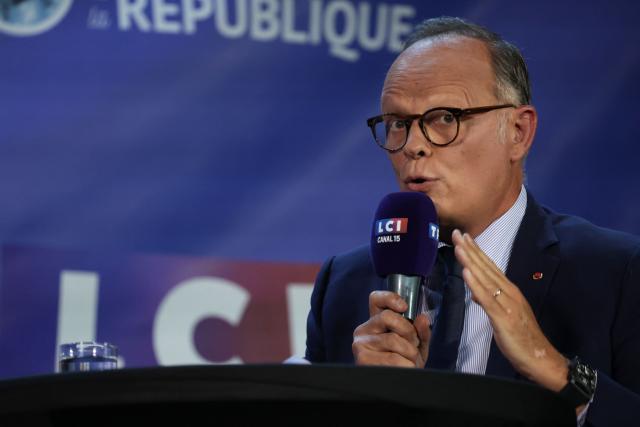 French right-wing party Horizons founder and president, Mayor of Le Havre Edouard Philippe speaks during a debate at the "Laboratoire de la Republique" (Republic's Laboratory) summer camp, in Sens, southeast of Paris, on August 29, 2026. (Photo by ROMEO BOETZLE / AFP)