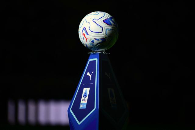 This photograph shows the official Serie A match ball diplayed ahead of the Italian Serie A football match between Juventus and Parma at the Allianz Stadium in Turin, on August 29, 2026. (Photo by Marco Bertorello / AFP)