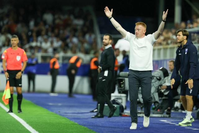 Auxerre's English headcoach Will Still reacts during the French L1 football match between AJ Auxerre and Angers SCO at the Stade de l'Abbe-Deschamps in Auxerre, central France, on August 29, 2026. (Photo by Thomas SAMSON / AFP)