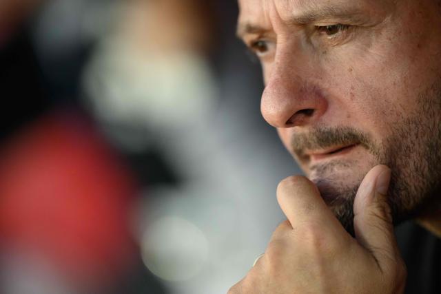 Brest's French headcoach Julien Lachuer looks on from the technical area during the French L1 football match between Stade Brestois 29 and Toulouse Football Club at the Francis Le Ble stadium in Brest, western France on August 29, 2026. (Photo by Loic VENANCE / AFP)