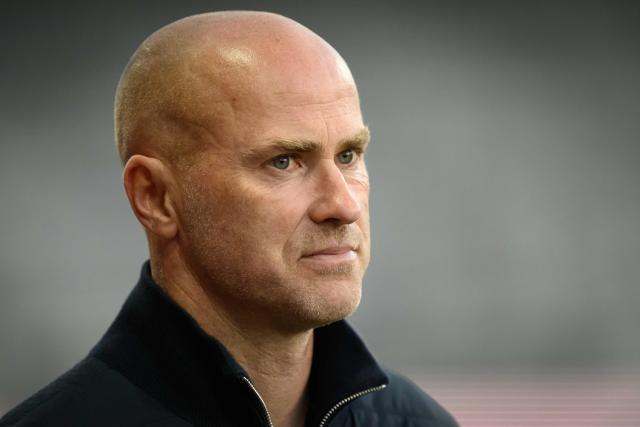 Toulouse's Danish headcoach Jens Berthel Askou looks on from the technical area during the French L1 football match between Stade Brestois 29 and Toulouse Football Club at the Francis Le Ble stadium in Brest, western France on August 29, 2026. (Photo by Loic VENANCE / AFP)