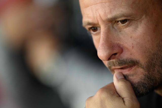 Brest's French headcoach Julien Lachuer looks on from the technical area during the French L1 football match between Stade Brestois 29 and Toulouse Football Club at the Francis Le Ble stadium in Brest, western France on August 29, 2026. (Photo by Loic VENANCE / AFP)