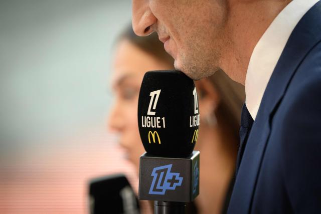 This photograph shows the French Ligue 1 football logo on a Ligue1+ network microphone ahead of the French L1 football match between Stade Brestois 29 and Toulouse Football Club at the Francis Le Ble stadium in Brest, western France on August 29, 2026. (Photo by Loic VENANCE / AFP)
