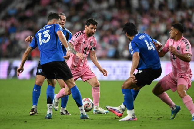 Inter Miami's Argentine forward #10 Lionel Messi and CF Montreal's Canadian defender #13 Luca Petrasso fight for the ball during the Major League Soccer (MLS) regular season football match between Inter Miami CF and CF Montreal at Nu Stadium in Miami, Florida, on August 29, 2026. (Photo by CHANDAN KHANNA / AFP)