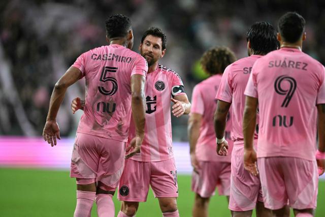 Inter Miami's Argentine forward #10 Lionel Messi celebrates his team's first goal scored by Inter Miami's Brazilian midfielder #05 Casemiro during the Major League Soccer (MLS) regular season football match between Inter Miami CF and CF Montreal at Nu Stadium in Miami, Florida, on August 29, 2026. (Photo by CHANDAN KHANNA / AFP)