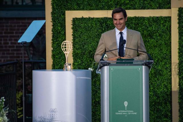 Swiss former tennis player Roger Federer accepts his induction into the International Tennis Hall of Fame during a ceremony in Newport, Rhode Island, on August 29, 2026. (Photo by Joseph Prezioso / AFP)