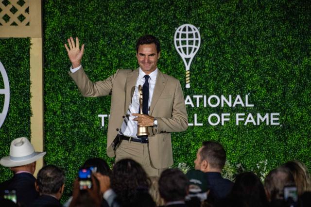 Swiss former tennis player Roger Federer accepts his induction into the International Tennis Hall of Fame during a ceremony in Newport, Rhode Island, on August 29, 2026. (Photo by Joseph Prezioso / AFP)