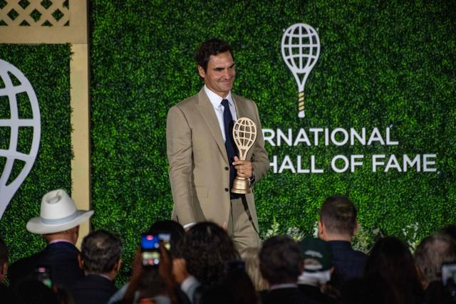 Swiss former tennis player Roger Federer accepts his induction into the International Tennis Hall of Fame during a ceremony in Newport, Rhode Island, on August 29, 2026. (Photo by Joseph Prezioso / AFP)