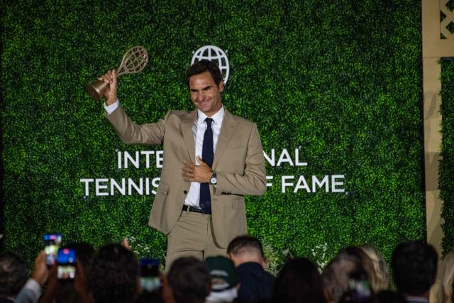 Swiss former tennis player Roger Federer accepts his induction into the International Tennis Hall of Fame during a ceremony in Newport, Rhode Island, on August 29, 2026. (Photo by Joseph Prezioso / AFP)