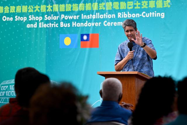 Palau President Surangel S. Whipps Jr. speaks during the inauguration ceremony for Taiwan-funded solar energy and electric bus projects to the Palau government in Koror on August 30, 2026, ahead of the 55th Pacific Islands Forum Leaders Meeting. (Photo by SAEED KHAN / AFP)