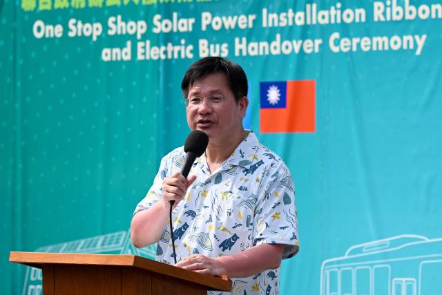 Taiwan's Foreign Minister Lin Chia-lung speaks during the inauguration ceremony for Taiwan-funded solar energy and electric bus projects to the Palau government in Koror on August 30, 2026, ahead of the 55th Pacific Islands Forum Leaders Meeting. (Photo by SAEED KHAN / AFP)