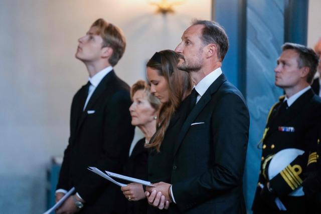 Norway's King Haakon VIII (R), Crown Princess Ingrid Alexandra (2ndR), Queen Sonja (2ndL) and Prince Sverre Magnus (L) attend a memorial church service for the late King Harald V at Asker Church in Asker, Norway, on August 30, 2026. King Harald V of Norway, who died on August 28, 2026 aged 89, remained a unifying figure in his country until the very end, a pillar of stability amid a string of family scandals that tarnished the final years of his reign. (Photo by Javad Parsa / NTB / AFP) / Norway OUT