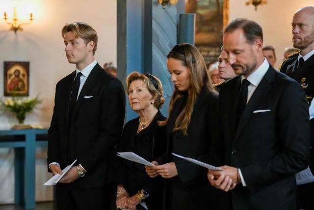 Norway's King Haakon VIII (R), Crown Princess Ingrid Alexandra (2ndR), Queen Sonja (2ndL) and Prince Sverre Magnus (L) attend a memorial church service for the late King Harald V at Asker Church in Asker, Norway, on August 30, 2026. King Harald V of Norway, who died on August 28, 2026 aged 89, remained a unifying figure in his country until the very end, a pillar of stability amid a string of family scandals that tarnished the final years of his reign. (Photo by Cornelius Poppe / NTB / AFP) / Norway OUT