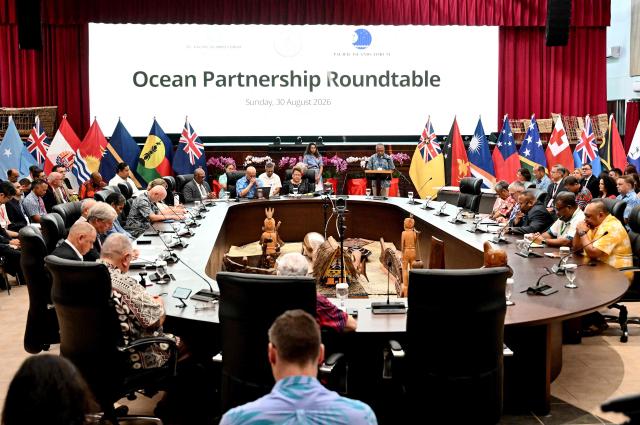 Leaders of the Pacific Islands attend the Ocean Partnership Roundtable in Koror, Palau, on August 30, 2026, ahead of the 55th Pacific Islands Forum Leaders Meeting. (Photo by SAEED KHAN / AFP)