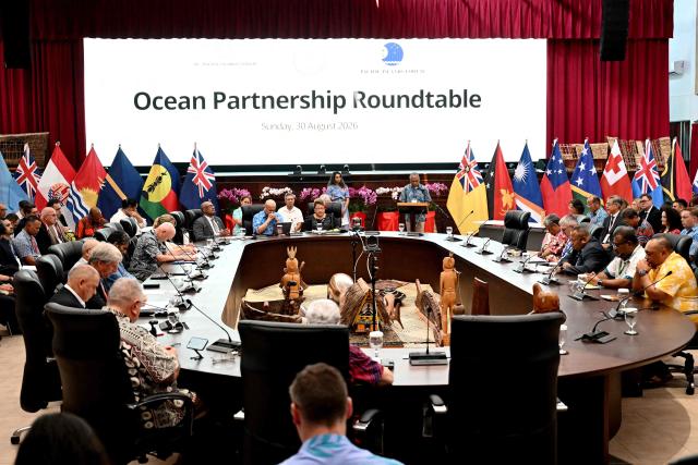 Leaders of the Pacific Islands attend the Ocean Partnership Roundtable in Koror, Palau, on August 30, 2026, ahead of the 55th Pacific Islands Forum Leaders Meeting. (Photo by SAEED KHAN / AFP)