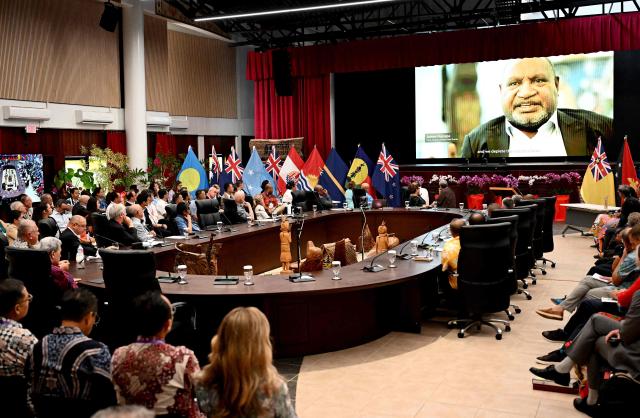 Leaders of the Pacific Islands attend the Ocean Partnership Roundtable in Koror, Palau, on August 30, 2026, ahead of the 55th Pacific Islands Forum Leaders Meeting. (Photo by SAEED KHAN / AFP)