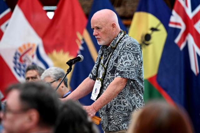 United Nations Secretary-General’s Special Envoy for the Ocean Peter Thomson speaks to the leaders of the Pacific Islands at he Ocean Partnership Roundtable in Koror, Palau, on August 30, 2026, ahead of the 55th Pacific Islands Forum Leaders Meeting. (Photo by SAEED KHAN / AFP)