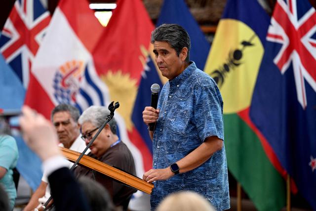 Palau President Surangel S. Whipps Jr. speaks to the leaders of the Pacific Islands at the Ocean Partnership Roundtable in Koror, Palau, on August 30, 2026, ahead of the 55th Pacific Islands Forum Leaders Meeting. (Photo by SAEED KHAN / AFP)