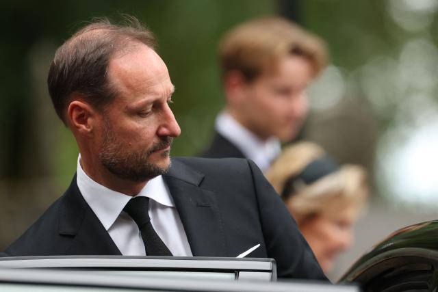 Norway's King Haakon VIII gets in his car as he leaves Asker Church after attending a memorial church service for his late father, King Harald V, in Asker, Norway, on August 30, 2026. King Harald V of Norway, who died on August 28, 2026 aged 89, remained a unifying figure in his country until the very end, a pillar of stability amid a string of family scandals that tarnished the final years of his reign. (Photo by Odd ANDERSEN / AFP)